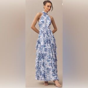 💙🤍 NWT  High-Neck Printed Chiffon Maxi Dress
